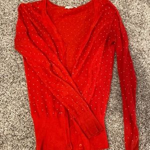 Red cardigan. Thin sweater